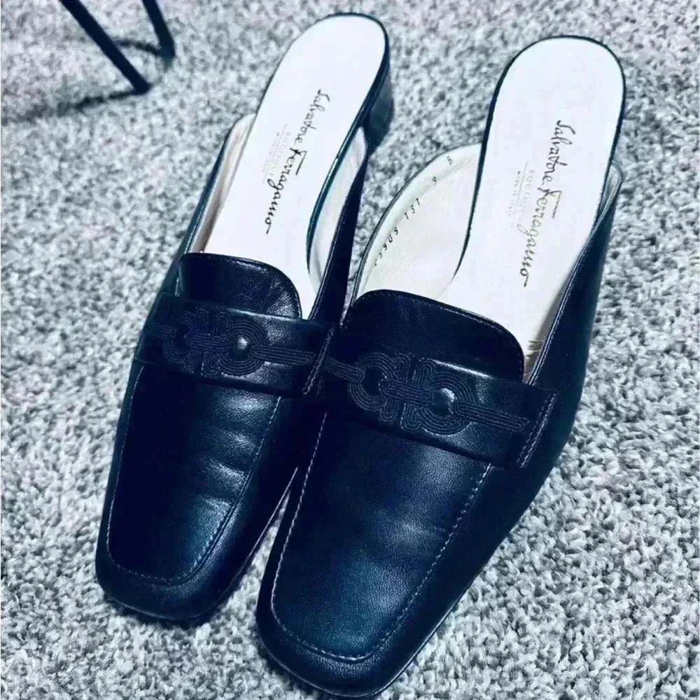 Salvatore Ferragamo Black Marcella Embroidered Double Gancini Logo Mule Flats